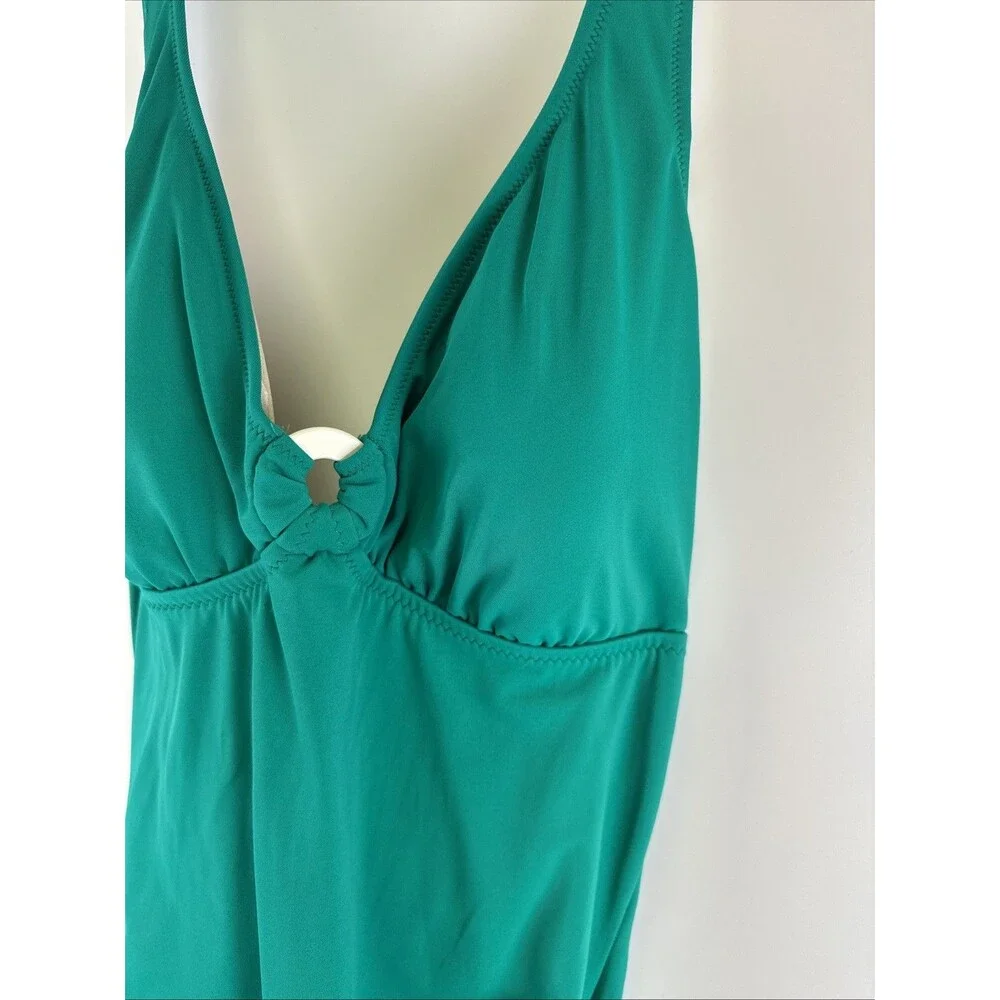 Lands End One Piece Swimsuit Green Halter Tie Neck Ring‎ V-Neck Beach Plus 18